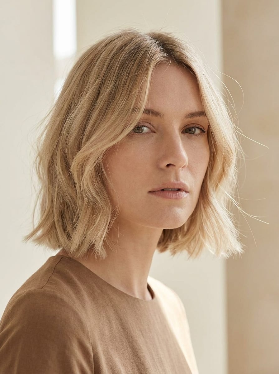 Bob mit sanften Face-Framing-Stufen - Mittellanger blonder Bob